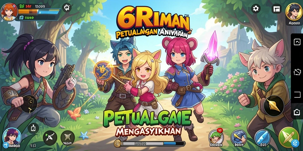 Screenshot gameplay 6RT menampilkan aksi pertempuran anime yang seru.