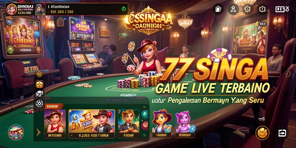 Screenshot permainan utama 77SINGA menampilkan dealer langsung di kasino.