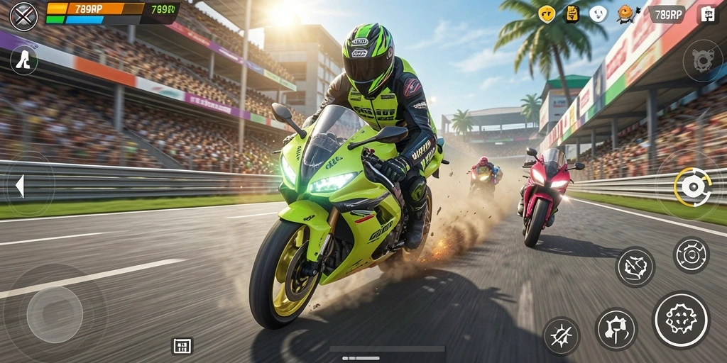Screenshot 789RP menampilkan adegan balapan motor di lintasan yang menantang.
