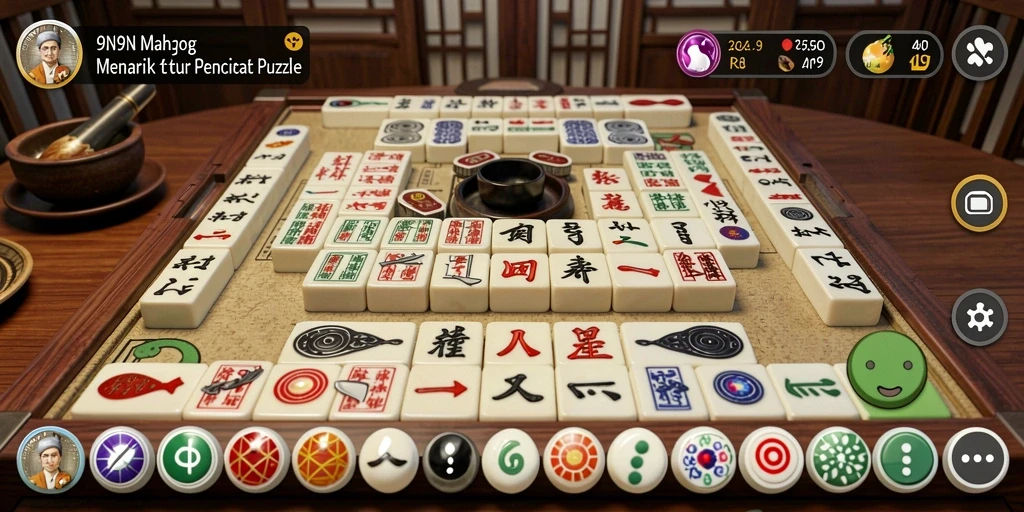 Gambar permainan 9N9N dengan ubin Mahjong yang berwarna-warni dan menantang.