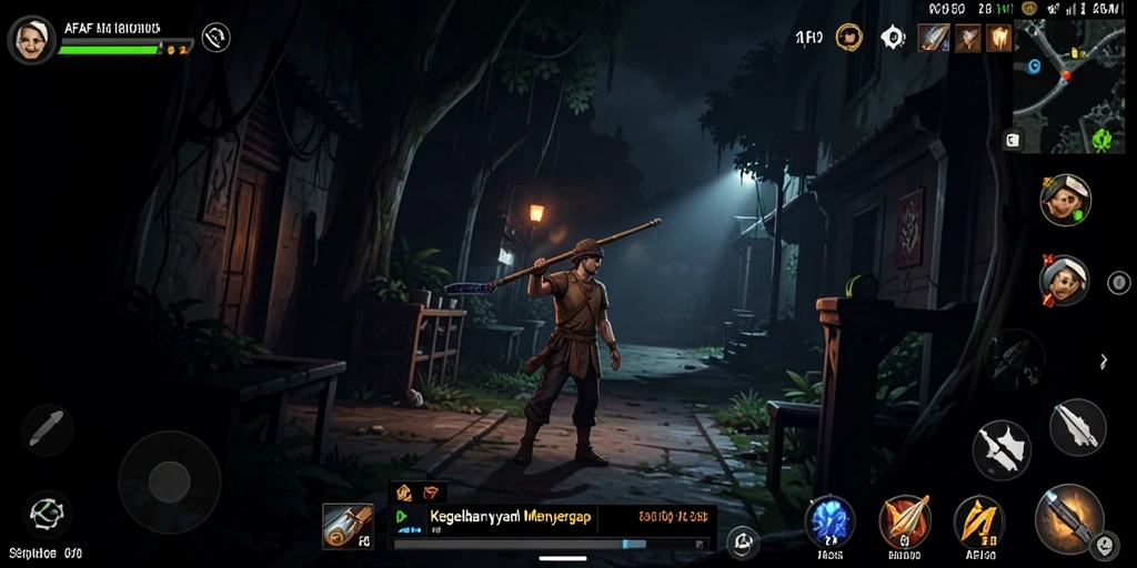 Tampilan gameplay AFAF yang menegangkan saat menjelajahi ruangan gelap.