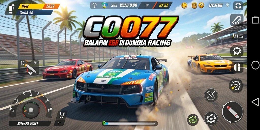 Screenshot utama COO77 menampilkan aksi balap yang mendebarkan.