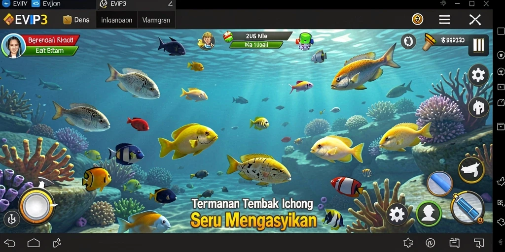Tampilan gameplay seru dari EVIP3 saat menembak ikan.