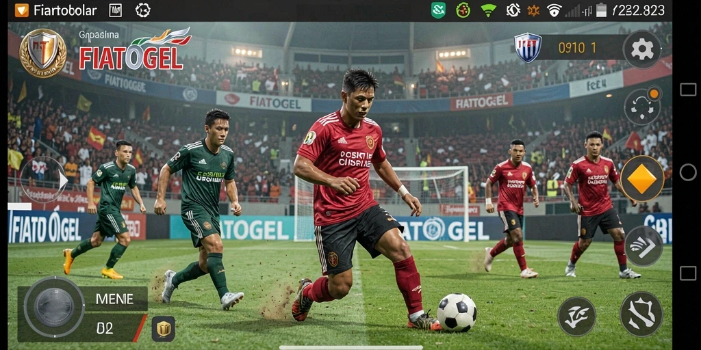 Screenshot gameplay FIATOGEL menampilkan aksi seru di lapangan sepak bola.