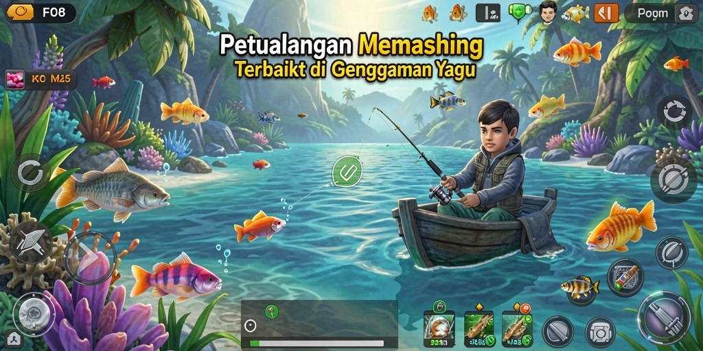 Screenshot gameplay FO8 yang menunjukkan keseruan memancing di danau yang indah.