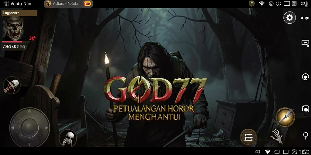 Screenshot gameplay GOD77 yang menampilkan suasana horor yang mendalam.