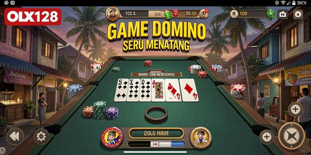 Screenshot utama OLX128 menunjukkan keseruan bermain domino.