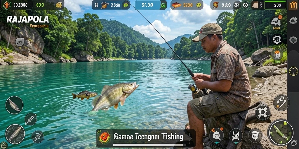 Screenshot gameplay RAJAPOLA dengan aksi memancing seru.