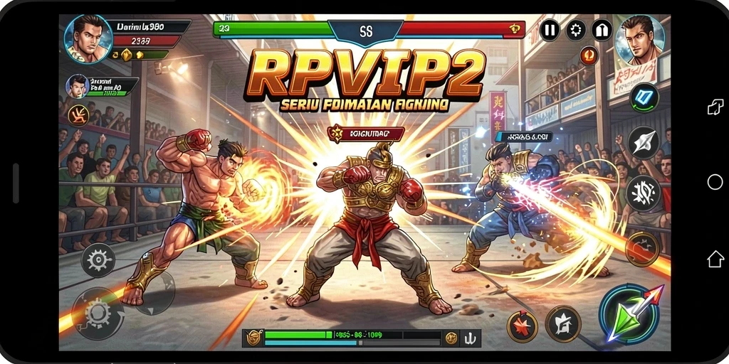 Screenshot utama RPVIP2 menunjukkan karakter bertarung di arena yang megah.