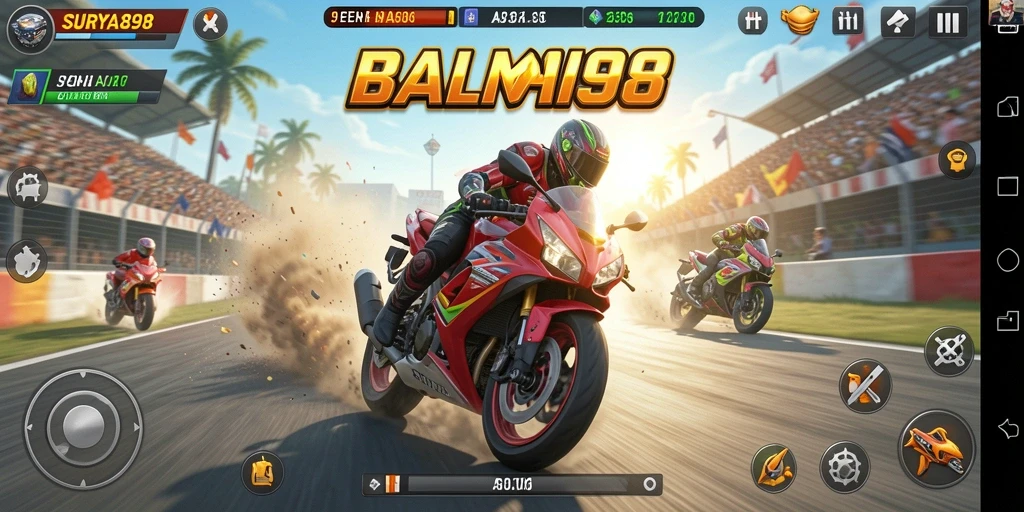 Screenshot SURYA898 menunjukkan aksi seru balapan motor di lintasan menegangkan.